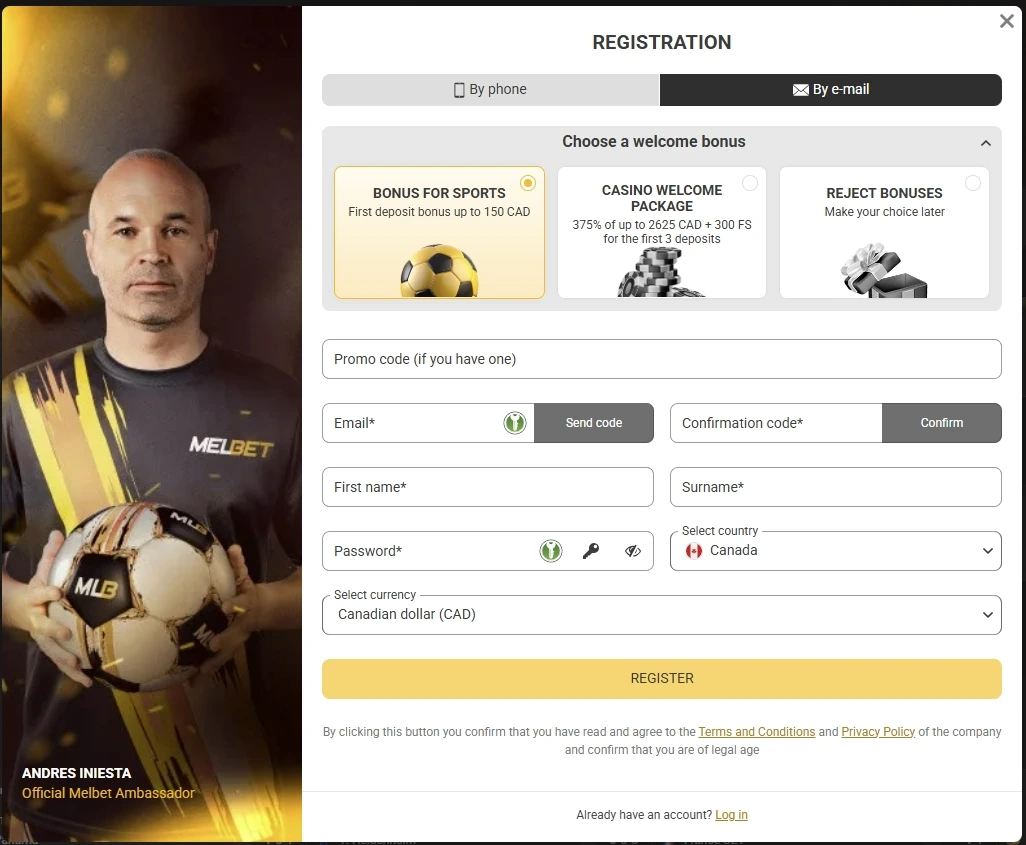 Melbet registration form with account and bonus options